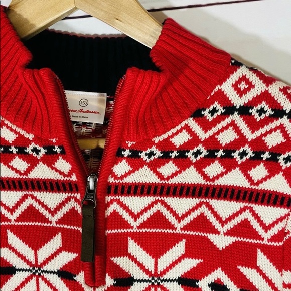 Hanna Andersson Girls Sweater Sz 12 / 150 Red Cotton Knit Fair Isle Quarter Zip - Picture 4 of 9